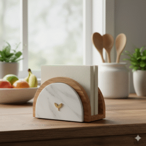 Luxury Marble & Acacia Wood Napkin Holder with Gold Leaf Accent