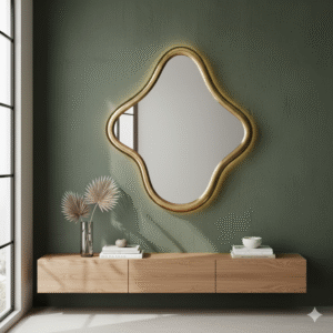 The Lumina Flow Mirror: Unique Wavy Gold Frame with Integrated Soft Backlighting