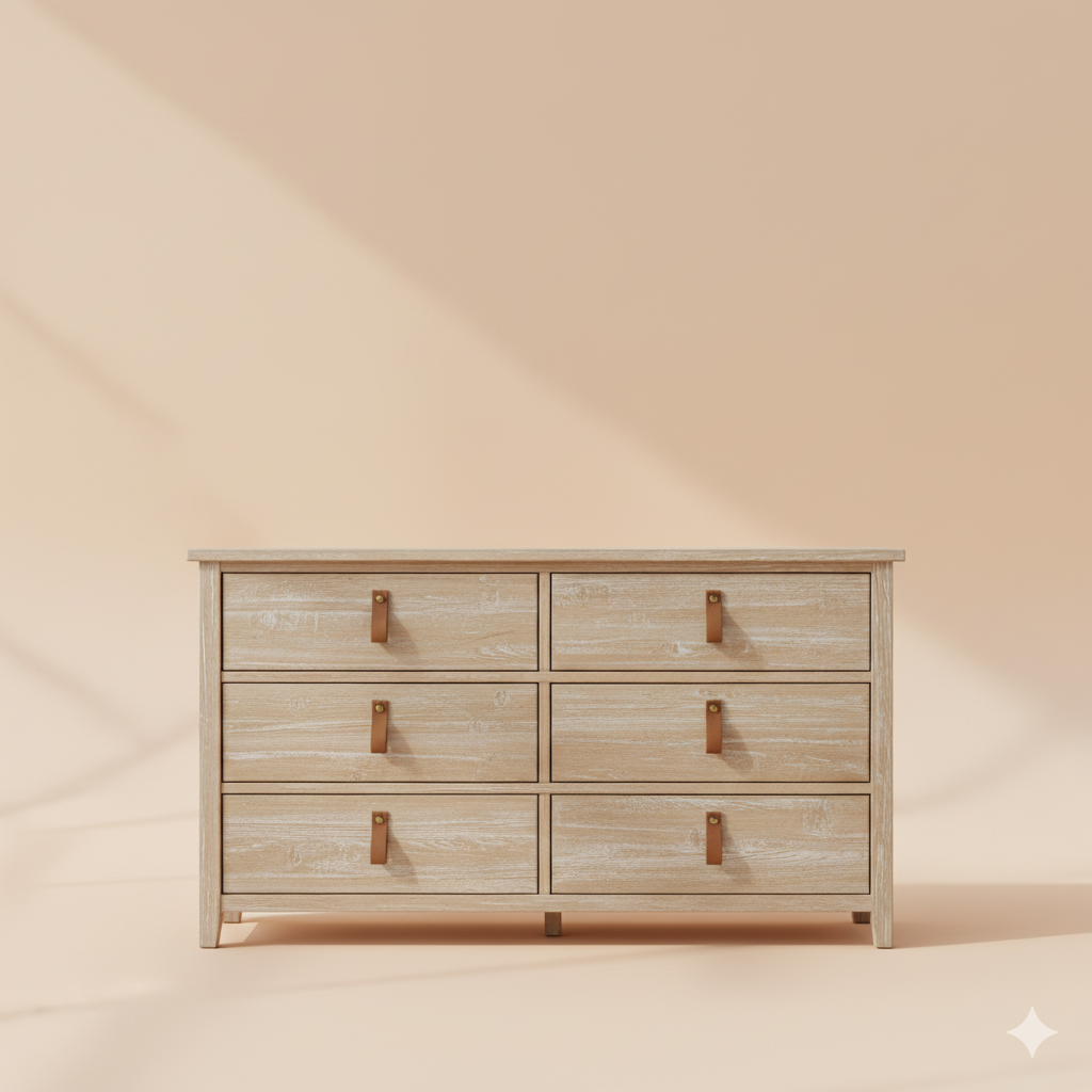 Chic Coastal Charm 6-Drawer Dresser - Whitewashed Oak & Leather Accents - Image 3