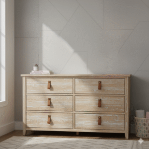 Chic Coastal Charm 6-Drawer Dresser - Whitewashed Oak & Leather Accents