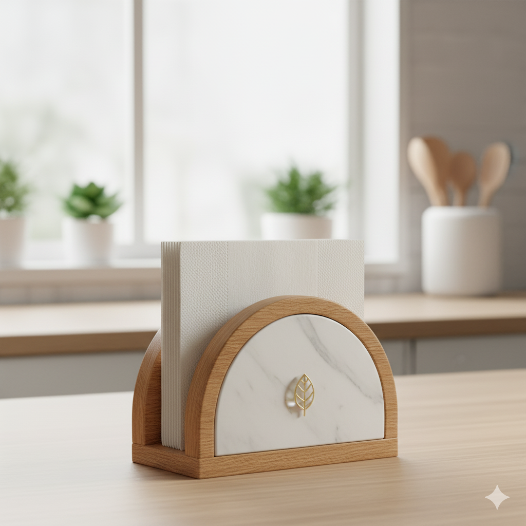 Luxury Marble & Acacia Wood Napkin Holder with Gold Leaf Accent - Image 2