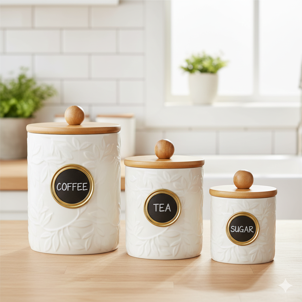 Luxury Ceramic Kitchen Canister Set (3 Pcs) - Coffee, Tea, & Sugar Storage Jars