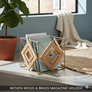 Luxury Woven Wood & Gold-Tone Metal Magazine Rack