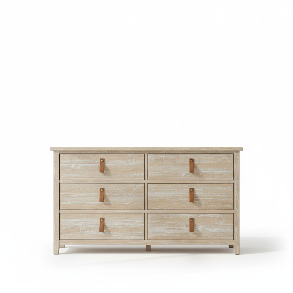 Chic Coastal Charm 6-Drawer Dresser - Whitewashed Oak & Leather Accents - Image 2