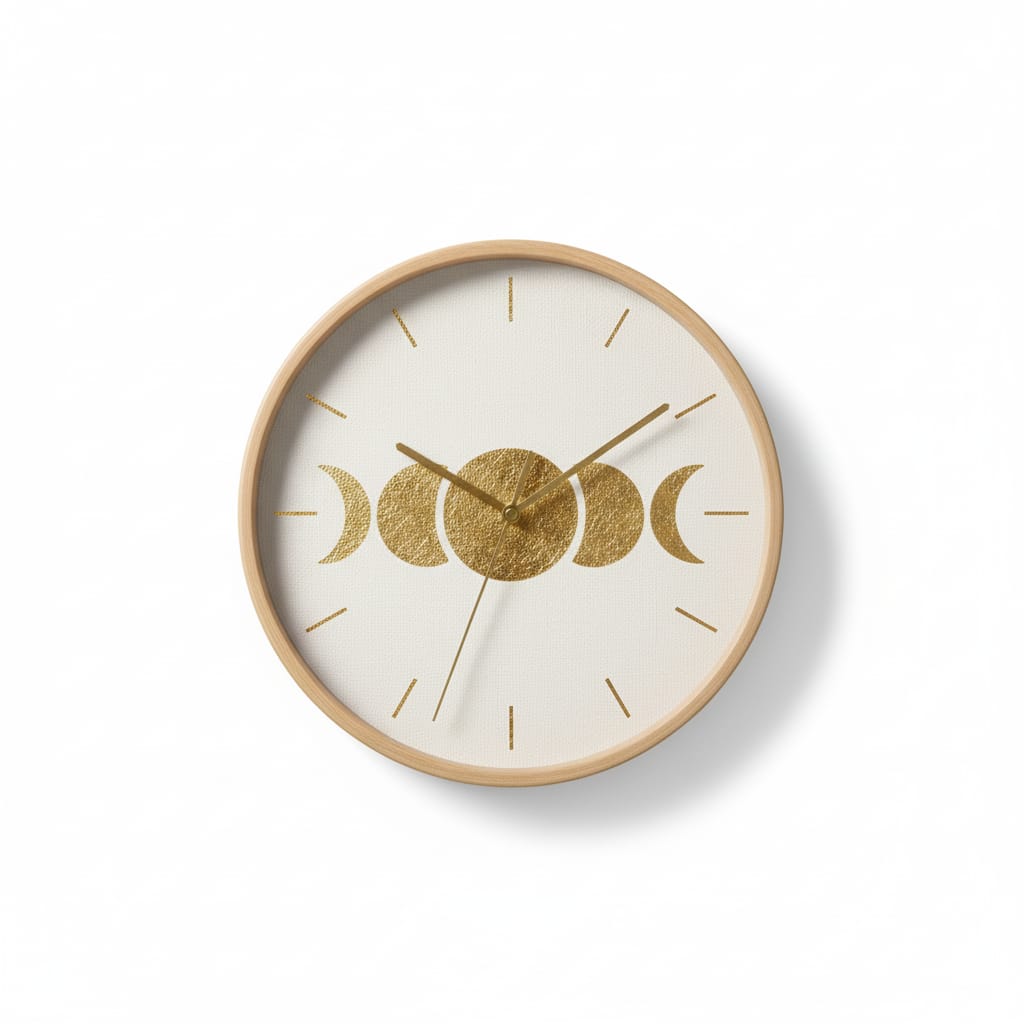Golden Moon Phase Wall Clock – Minimal Boho Wooden Frame Decor