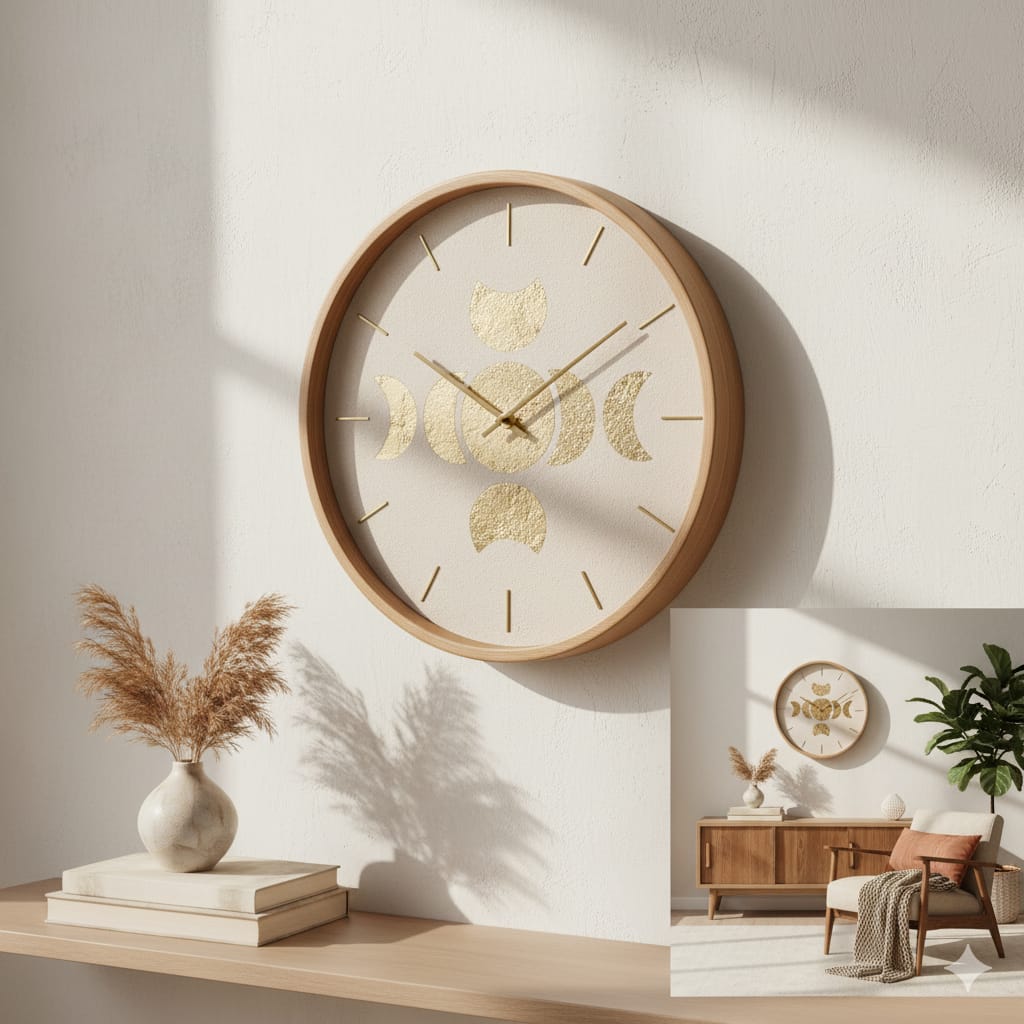 Golden Moon Phase Wall Clock – Minimal Boho Wooden Frame Decor - Image 2